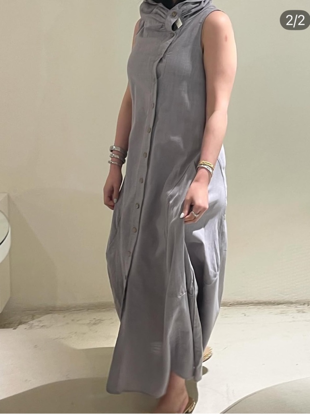 Grey Cotton Lagenlook Cowl Neck Sleeveless Button Down Maxi Dress Sz M - Picture 2 of 14
